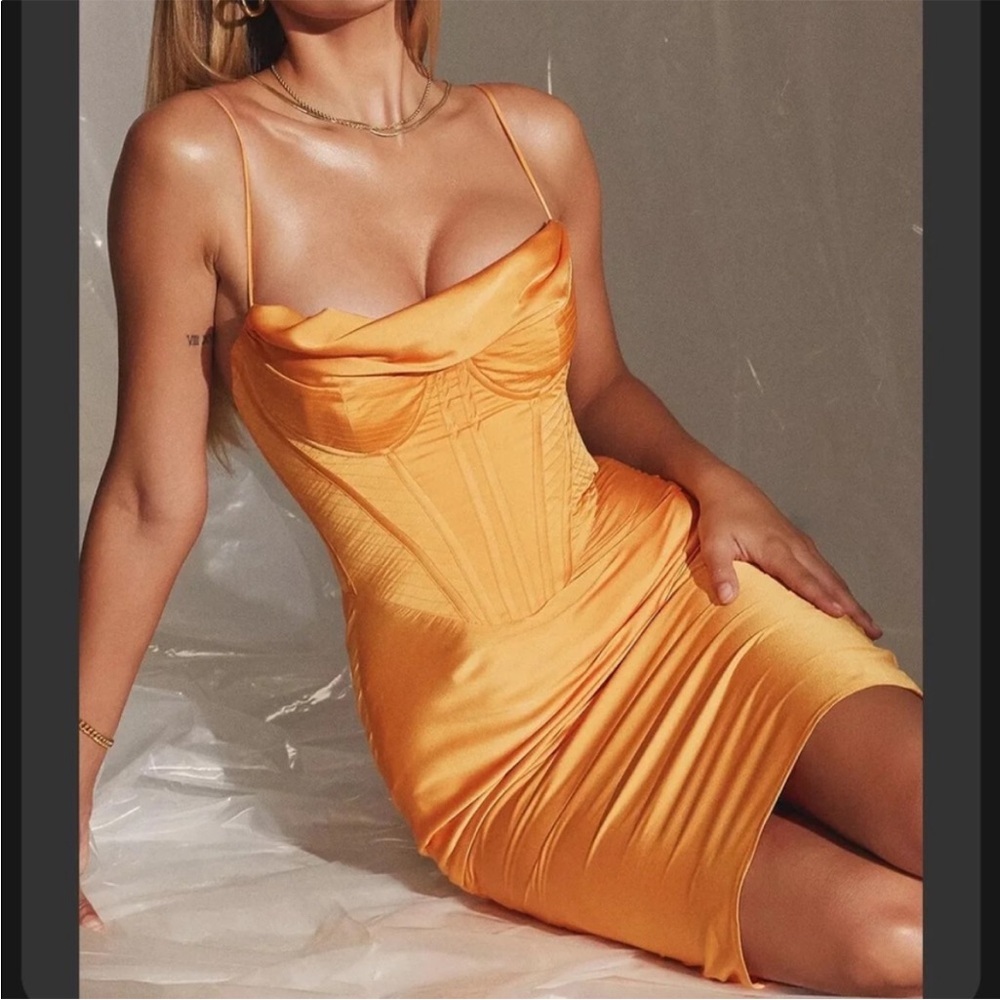 House of CB Myrna Tangerine Satin Corset Midi Dress